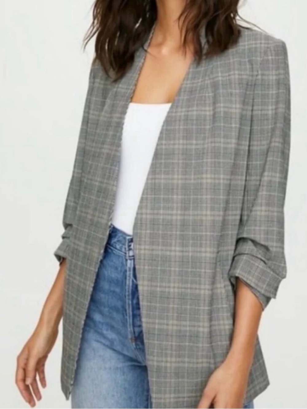 Babaton Gray Glen Plaid Open-Front Blazer ruched sleeve Size 2 - Picture 1 of 6